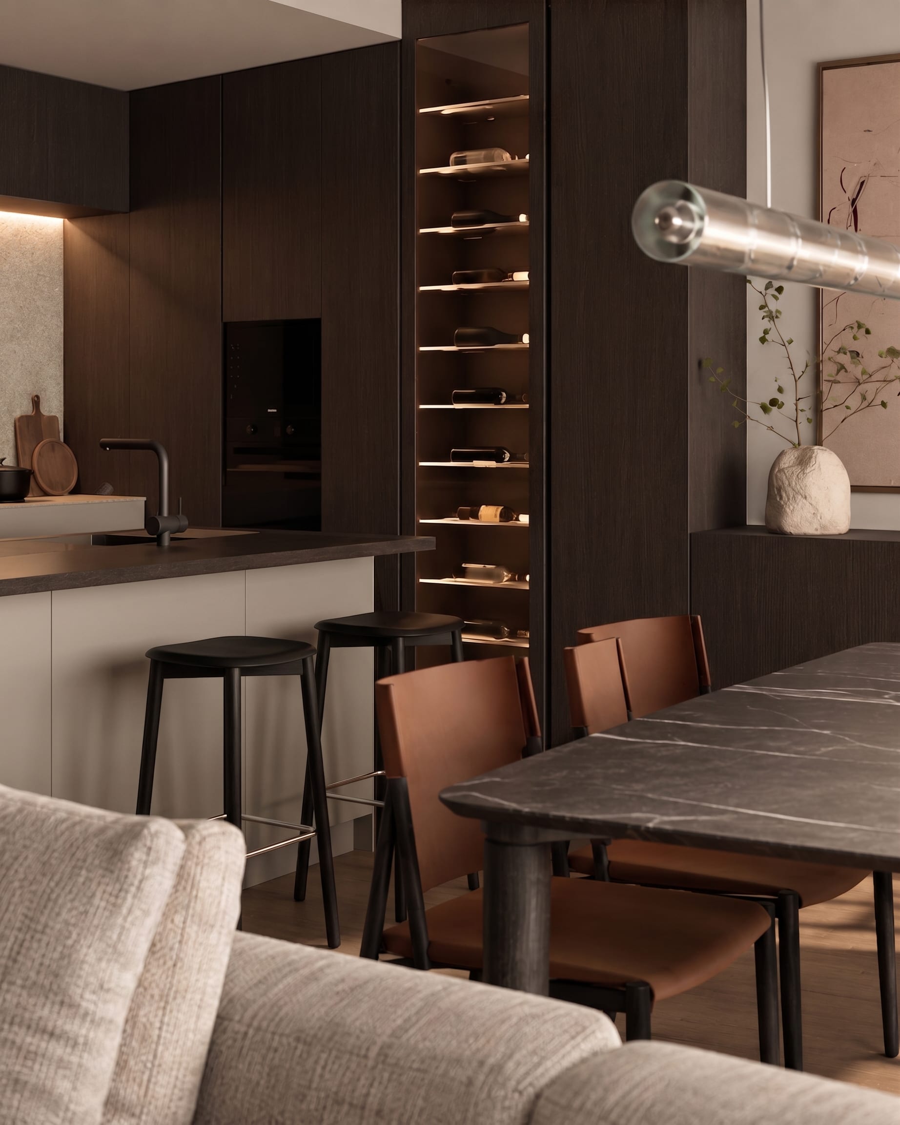 Berlinés Apartment — open-plan living room with dark joinery and kitchen island