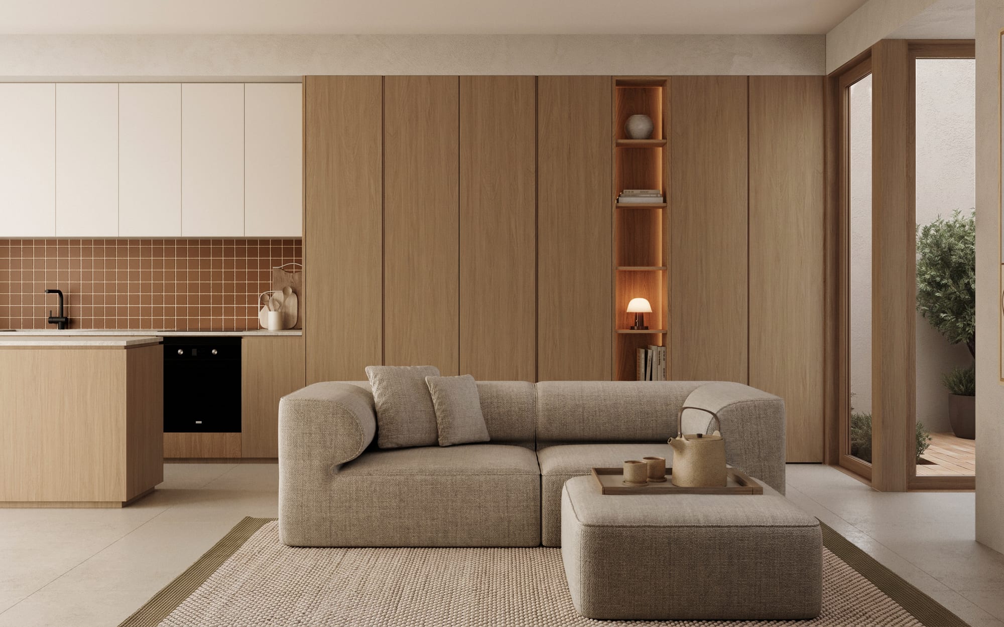 Barcelona Apartment — open-plan living room with light oak joinery, terracotta-tiled kitchen and a courtyard garden