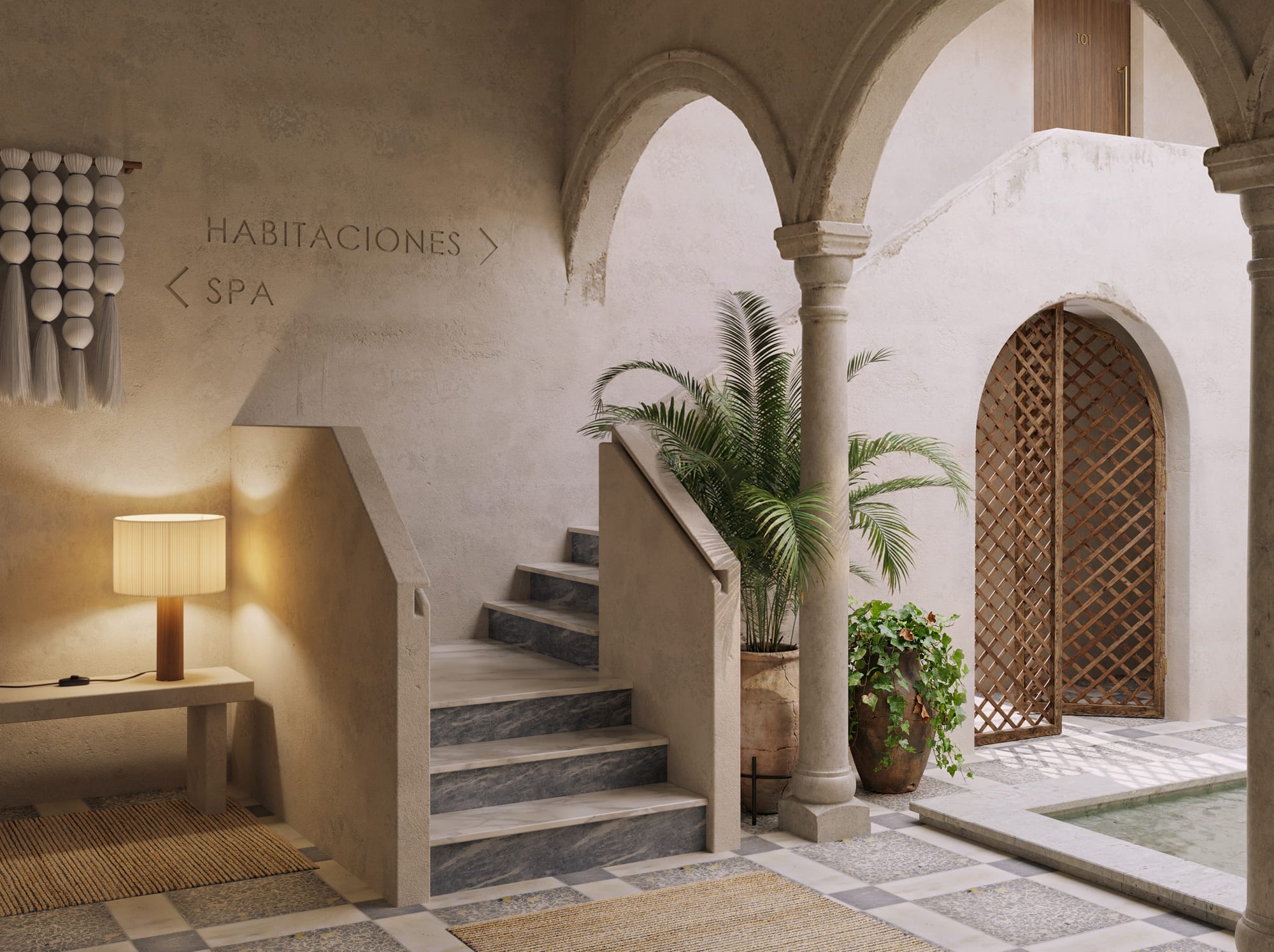 Hotel in Jerez — courtyard with arches, staircase and plunge pool