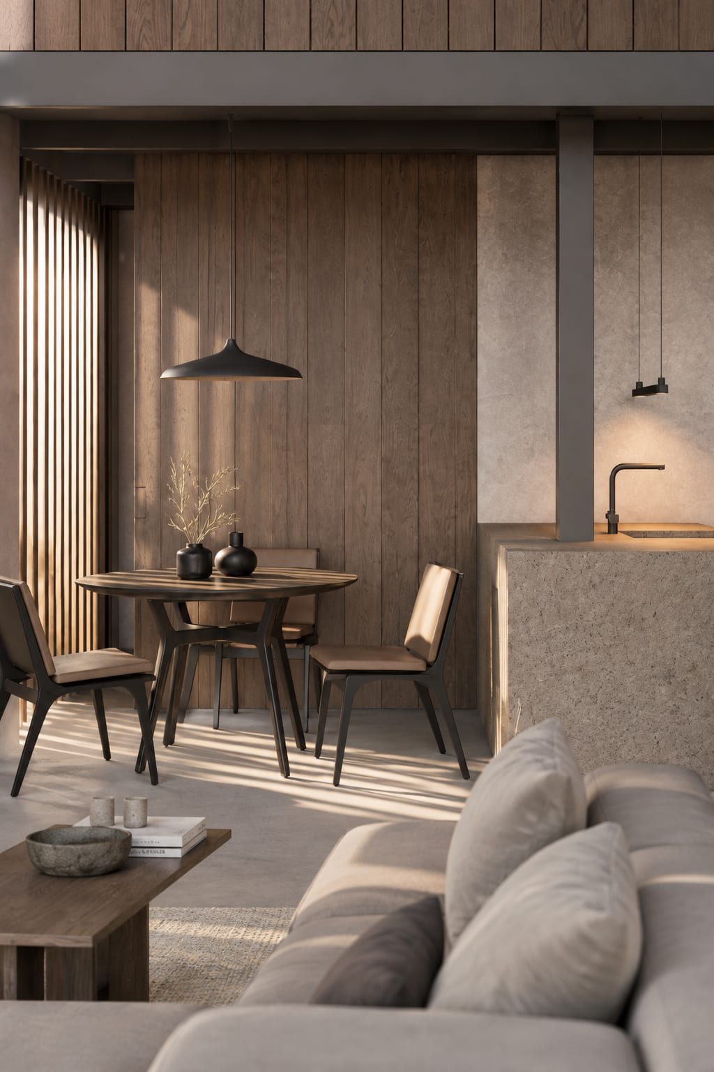 Loft in Poblenou — dining table and chairs against timber-clad walls, with a stone kitchen island